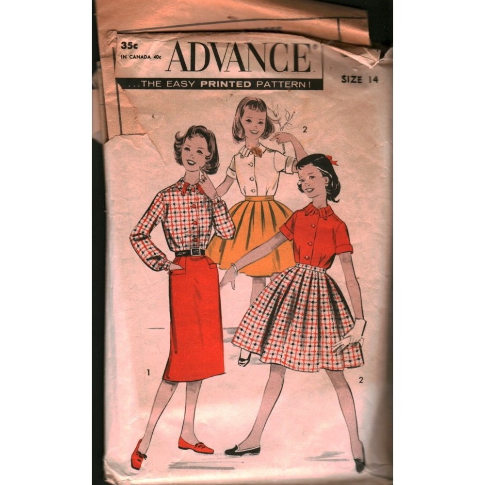 Vintage‎ Advance Sewing Pattern 9185 Girls Blouse Slim Full Skirt Size 14 1950s